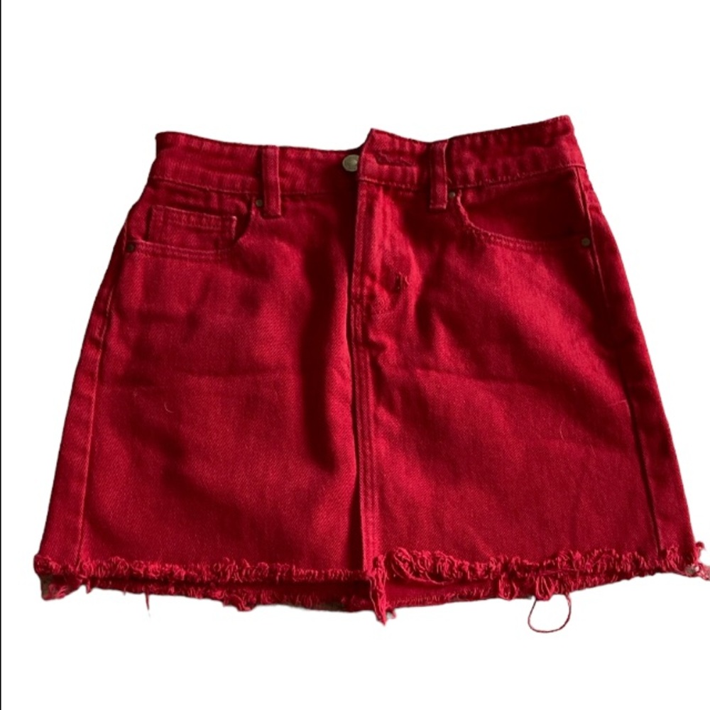 PACSUN Deep Red Distressed Denim Mini Skirt Sz 23